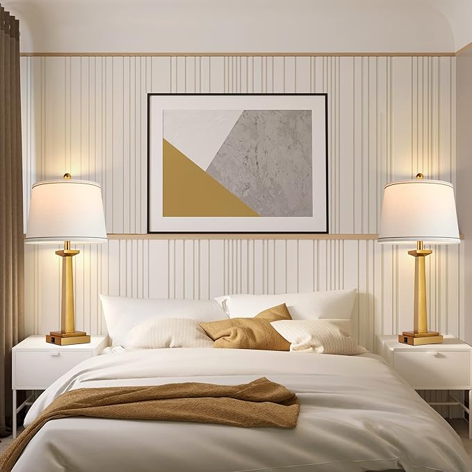 ROTTOGOON 29" Gold Table Lamps with 2 USB Charging Ports, 3-Color Temperature Nightstand Modern Lamps with Rotary Switch, Resin Brass Tall Lamp for Living Room Bedroom Home Office (LED Bulb Included)