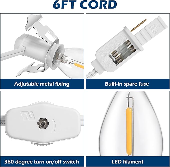 Feekoon 8 Packs 6ft Village Light Cord with 1W C7 LED Bulb, Salt Lamp Cord with ON/Off Switch and 2 Spare Fuses, Blow Mold Light Ideal for Christmas Village House Craft Decorations