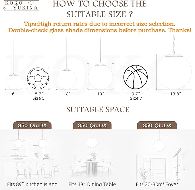 KoKo&Yukina 13.7" Gold Globe Pendant Light Mid Century Pendant Light Clear Glass Pendant Lights Kitchen Island Adjustable Hanging Light Fixture for Dining Room Bedroom Kitchen Island