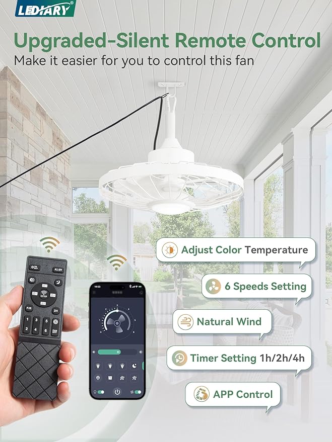 LEDIARY 20" Outdoor Ceiling Fan with Lights,IP65 Waterproof Gazebo Hanging Fan with Remote Control Smart App, Plug in Caged Ceiling Fan with 3CCT 6-Speeds for Patio Porch Pergola(White)