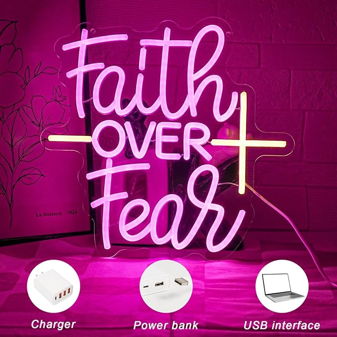 Faith Over Fear Neon Sign for Wall Decor Jesus Neon Light Warm White Cross Neon Light Sign Letter LED Neon Light for Christian Religious Motivation Bedroom Wedding Church Decor