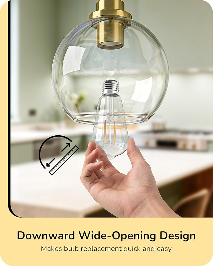 EDISHINE Mid Century Kitchen Pendant Lighting Over Island 2 Pack, Clear Glass Globe Shade, Hardwired Black and Gold Adjustable Hanging Light Fixtures for Dining Room, Entryway