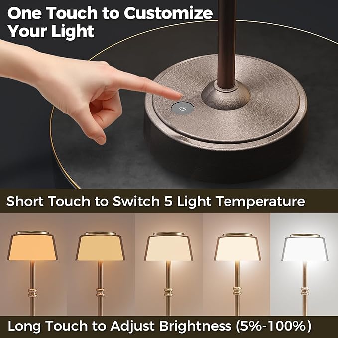 LED Cordless Lamp, 5 Colors Stepless Dimming Table Lamp, 4400mAh Rechargeable Battery with USB Charging Port, Portable Touch Bedside Light for Patio, Restaurant, Dining(2, Antique Brass)