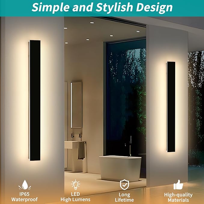 Mikeru 3CCT Dimmable Outdoor Wall Sconce 47.2" IP65 Waterproof -2Pack Modern Black Exterior Light with Remote Control, Adjustable 3000K/4500K/6000K for Porch, Patio & Commercial Spaces | Hardwired