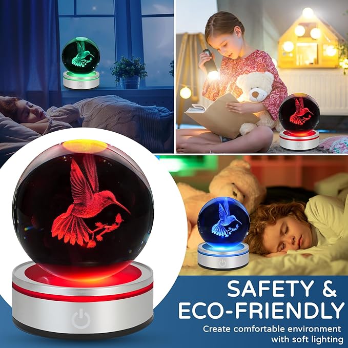 3D Hummingbird Crystal Ball Night Light with LED Colorful Touch Base 3.15 in Hummingbird Figurine Glass Sphere Lamp for Birthday Christmas, Cute Hummingbird Home Decor Gifts for Kids Teens Women