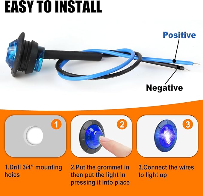 ALFU 10PCS Blue 3/4" 12V LED Boat Interior Lights Marine Navigation Lights Clearance Marker Lights Round Bullet Side Indicator Lamps for Truck, Trailer, RV, Van, Boat, Bus, Caravan