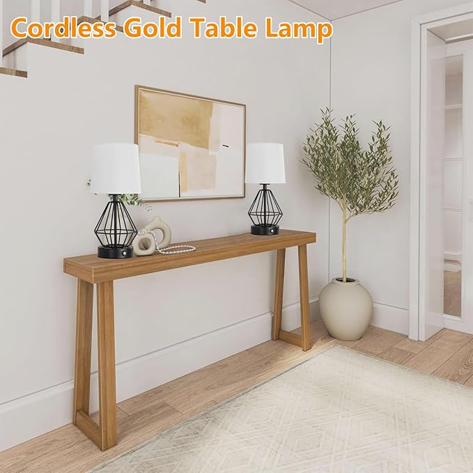 8000mAh Rechargeable Battery Table Lamp,Black Cordless Lamp Set of 2,Touch Stepless Dimming,Black Cage Frame Wireless Lamp,White Lampshade,14.7inches Tall