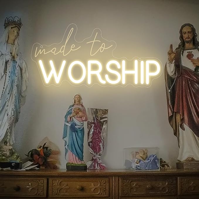 Made to Worship Neon Sign – Warm White Dimmable LED Wall Sign with 3D Engraved Letters and Light Strip, Christian Home Decor for Prayer Room, Church, or Bedroom 15″ × 7.25″