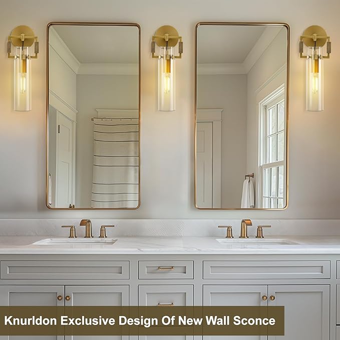 Modern Gold Glass Wall Sconces,15'' Knurled Brass Sconce, Bathroom Wall Sconce, Gold Bathroom Vanity Lights, for Living Room, Bedrooms, Fireplace, Staircases, Include Bulb