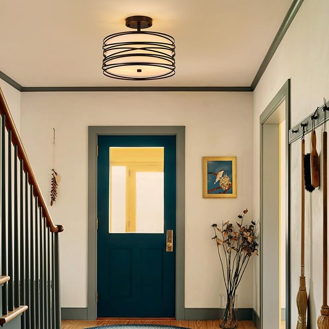 Drum Semi Flush Mount Ceiling Light Fixture Vintage Modern Farmhouse 2-Lights Linen Drum Ceiling Lighting Rustic Black Ceiling lamp for Dining Room, Bedroom, Kitchen, Laundry Room