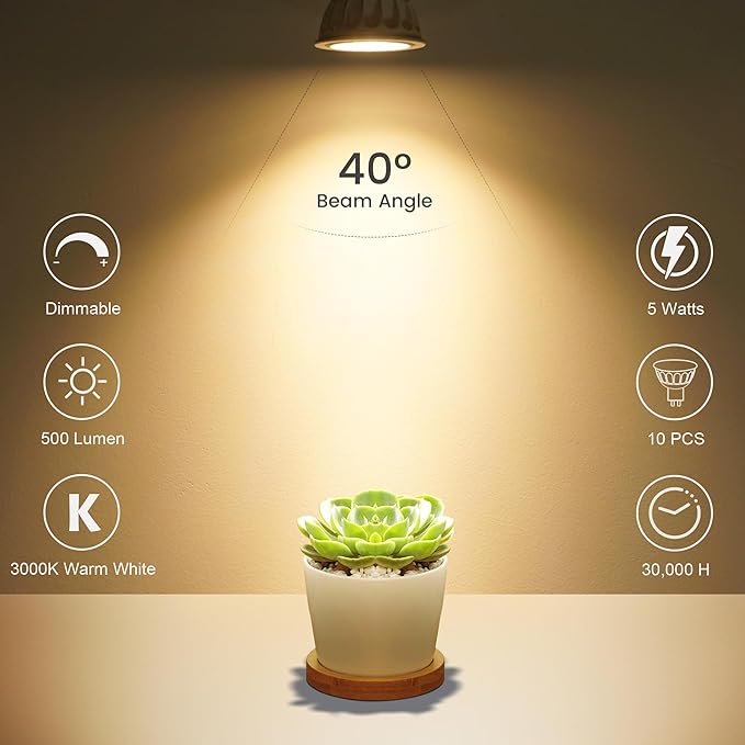 6 Pack Dimmable MR16 LED Bulbs, 12V 5W(50-Watt Equivalent), 3000K Warm White, GU5.3 Bi-Pin Base, 40-Degree, Indoor Outdoor Landscape Spotlight Track Recessed Lighting