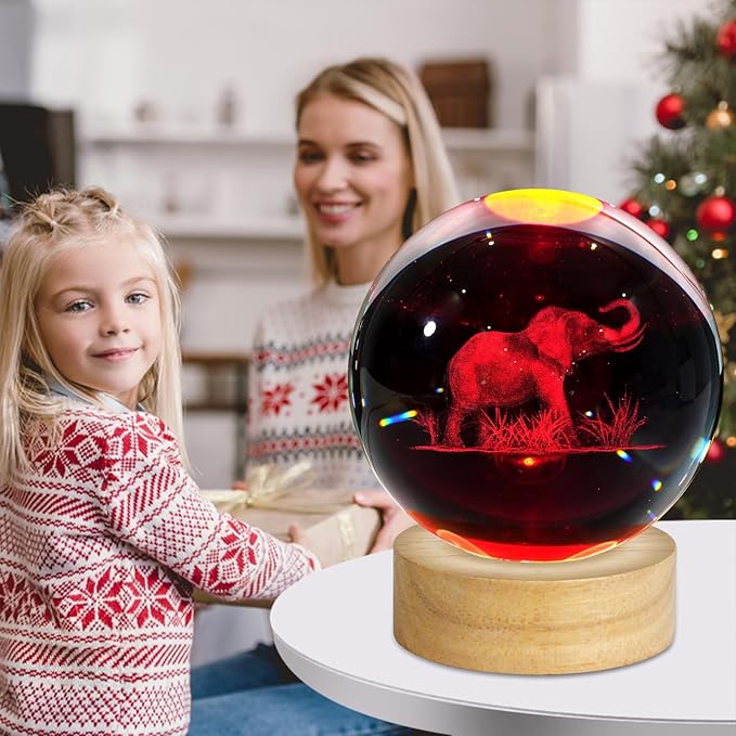 3D Crystal Ball Night Light, 3.15 Inch Glass Ball Lamp with 16 Color LED Wooden Base, Elephant Lamp Decor for Birthday, Holiday, Christmas Gifts