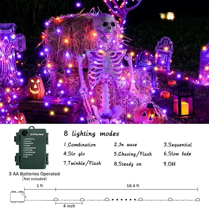 KOUQIYA Halloween Fairy Lights 2 Pack, 16.4ft 50 LEDs Battery Starry Light with Timer 8 Modes Waterproof Mini Lights for Outdoor Indoor Garden Party Decor (Orange Purple, 50 LEDs x 2 Pack)