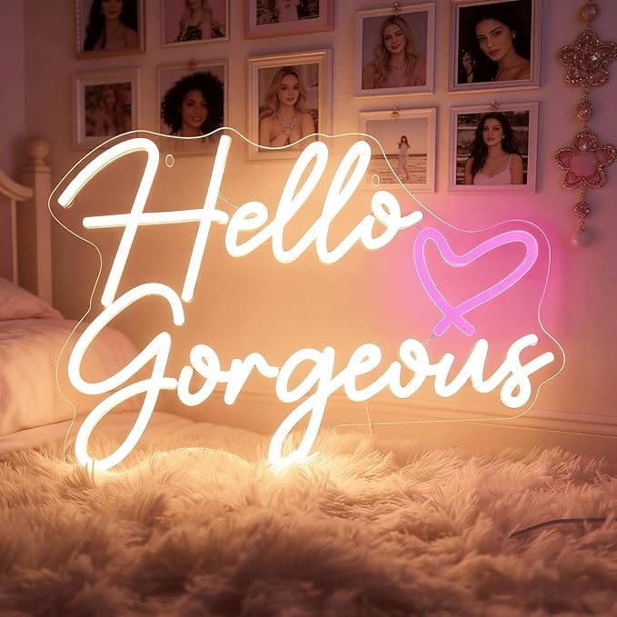 Hello Gorgeous Neon Light for Wall Decor, Pink USB Powered LED Sign with Dimmable Switch, Neon Sign for Home, Wedding, Birthday Backdrop, Party (Warm White02)