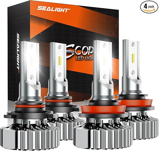 SEALIGHT 9005 H11 Fog Light Bulbs, 58,000LM 6500K 8 X Brighter 9005 H11 Bulbs Combo, Plug N Play 1:1 Size 10 Years Long Lifespan, IP67 Waterproof for Vehicle ATVs & Powersports, Pack of 4