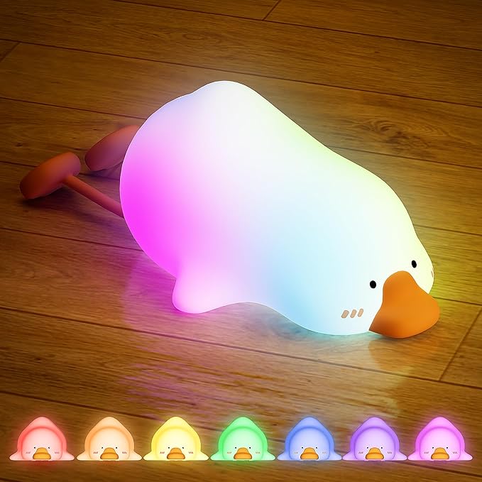 Goose Night Light for Kids, 8 Colors Silicone Cute Duck Lamp, Lying Flat Duck Nightlight, 3 Level Dimmable Kids Nightlight, Timer Rechargeable Bedside Touch Baby Night Lamp, Xmas Birthday Gifts