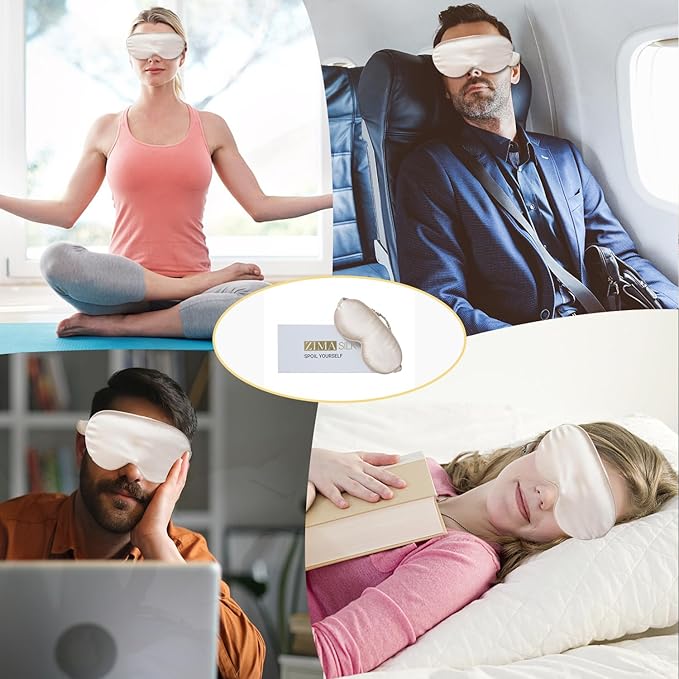 ZIMASILK Adjustable 22 Momme 100% Pure Mulberry Silk Sleep Mask, 3D Contoured Cup Eye Mask for Sleeping, Super Soft Breathable Blindfold, Perfect Blocks Light for Sleeping. (Beige)