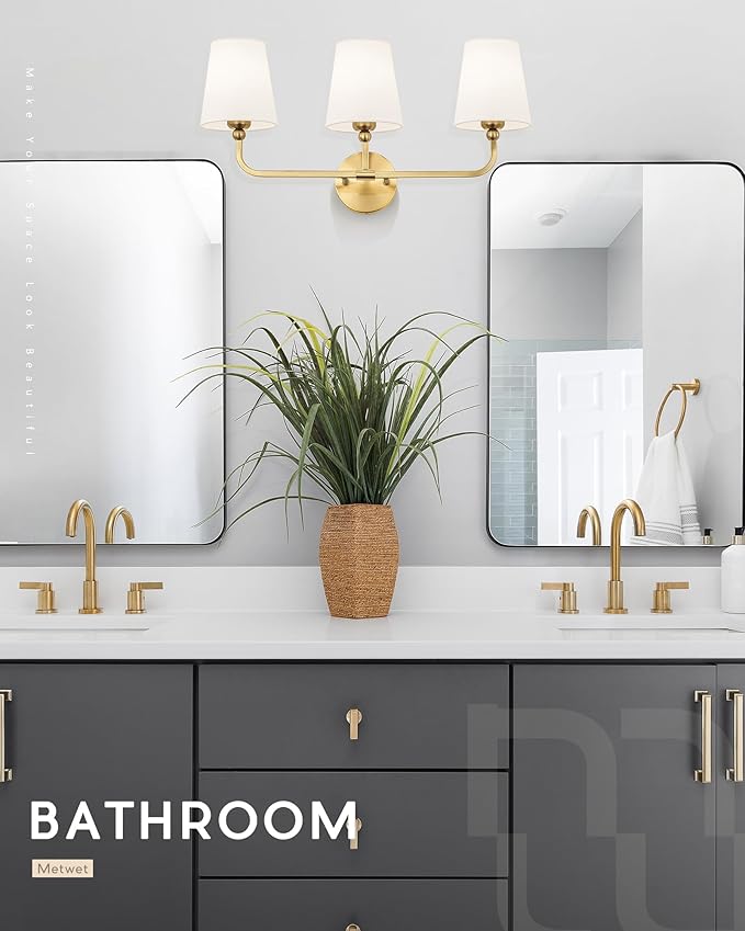 Bathroom Light Fixtures, Brushed Gold Vanity Lights with Flared White Fabric Shade, 3 Light Wall Sconce, Modern Sconces Wall Lighting for Hallway Bedroom, VL837-BG-3