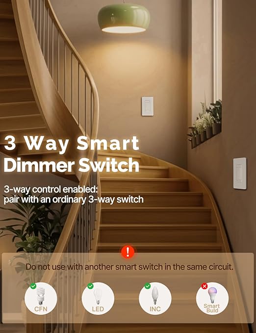 MOES 3 Way Smart Star Ring Dimmer Switch, 2.4GHz WiFi Dimmable Light Switch,Neutral Wire Required, Smart Life APP Remote Control, Works with Alexa & Google Assistant, Timer & Schedule White 1 Gang