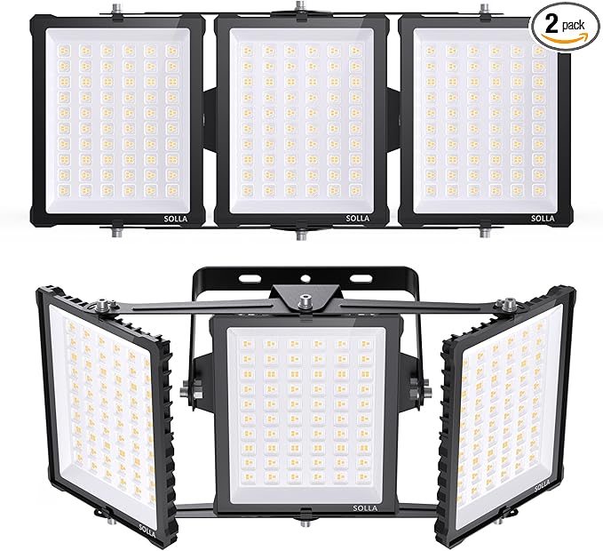 SOLLA 450W 2025 Plus New Upgraded LED Outdoor Flood Light, 45000LM 6000K Daylight White IP66 Waterproof, Stadium Lights, 3 Heads Outdoor Floodlight Security Lights for Yards, Patios, Street (2 Pack)