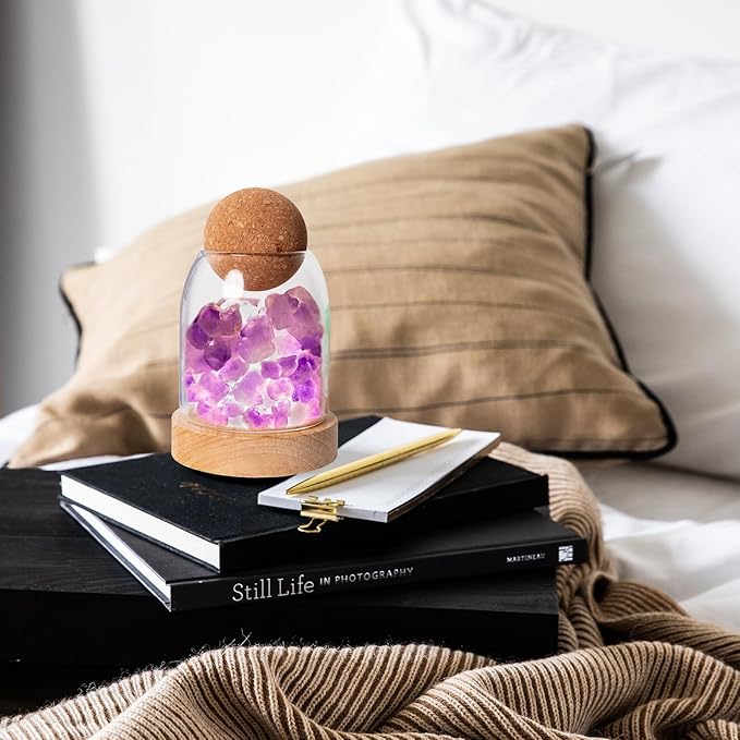 Runyangshi Amethyst Bud Night Lamp 6.3" Natural Healing Crystal Aroma Stone Diffuser Bedside Lamp USB Port 3 Colours Dimming Mode Bedroom Lamp Home Decor