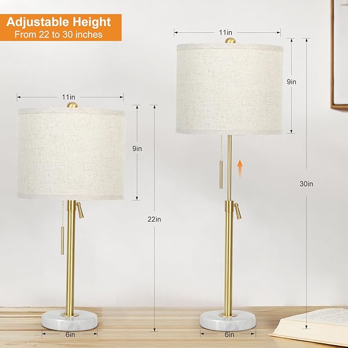 Table Lamp Set of 2: 22" to 30" Height Adjustable Pull Chain Switch for Living Room Bedroom End Table, Marble Base Beige Linen Shade Gold Nightstand Lamp for Office, Bedside Table (Gold, Beige Shade)