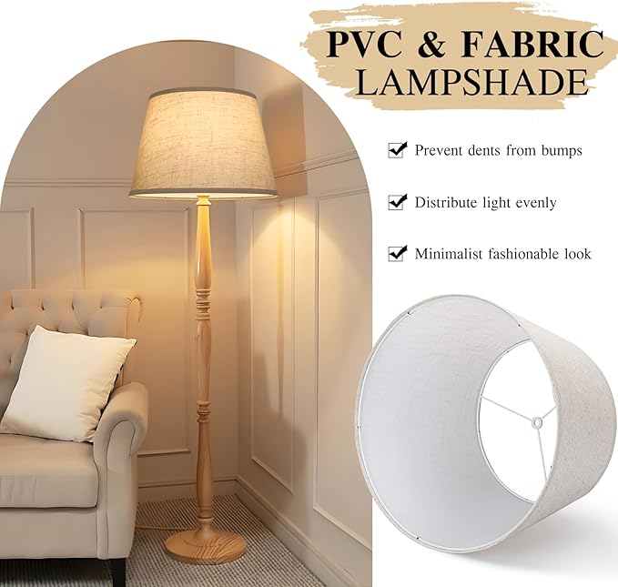 Large Drum Lamp Shades Set of 2, 12"Top x 16"Bottom x 11"High, Beige Lampshades for Table Lamps Floor Lamps, Natural Linen Replacement Lamp Shades, Spider, Harp Holders Included, Easy Assembly