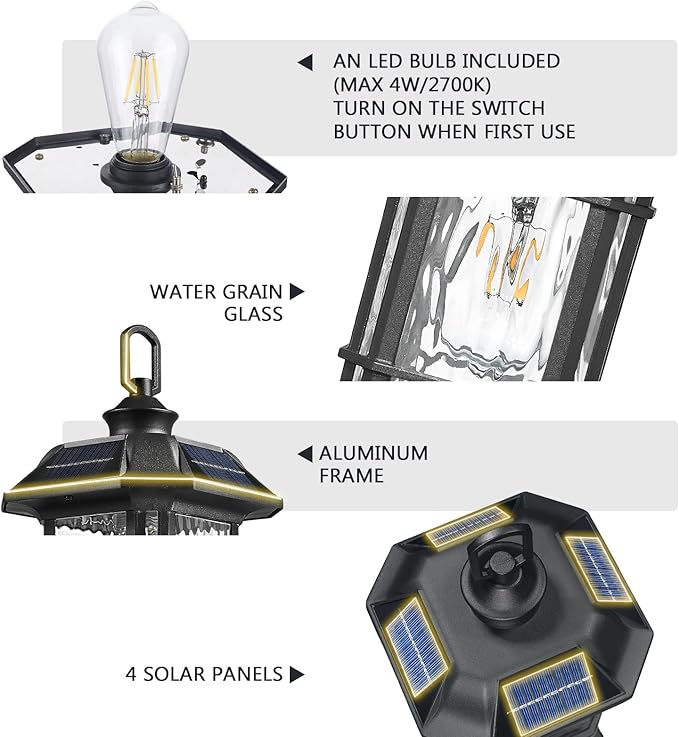 Emliviar Integral Solar Lamp Post with Fixed Pire Mount Base, Matte Black LED Fence Deck Pilllar Lighting for Patio, Portable Outside Solar Panels Lamp with Water Grain Glass, 2084P-ML SL BK