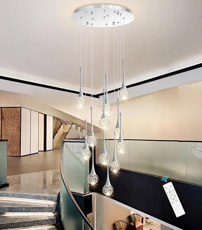 118 inches Modern Glam Crystal Chandelier for High Ceiling LED Dimmable Ceiling Pendant Light Staircase Foyer Enterway Living Room Chandelier Lighting Brushed Nickel 12 Lights