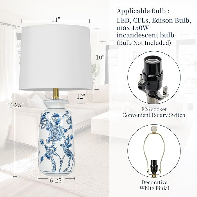 24.25" Blue Ceramic Table Lamp for Living Room, Classic Blue and White Lamp for End Table, Blue Birds and Flowers Lamps, Traditional China Nightstand Lamp for Bedroom