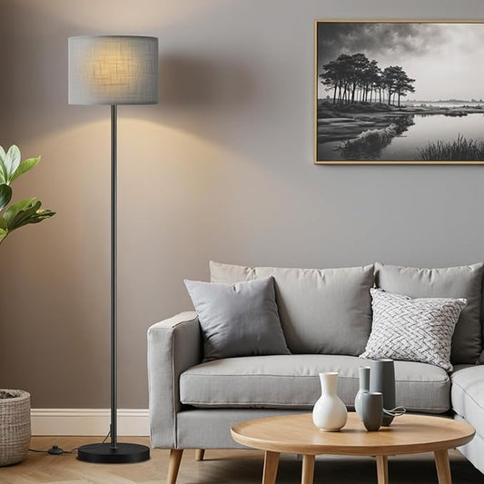 Ambimall 60'' Modern Floor Lamp with Shade, Tall Lamps for Living Room, Bedroom, Office, Dining Room, Linen Grey Shade with Black Pole(Without Bulb)