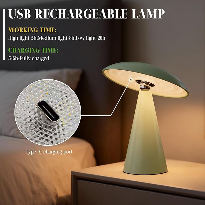 Mushroom Aesthetic Cute Lamp,Magnetic Mid Century Modern Lamp with 3-Mode Lighting for Unique Home Mushroom Decor,Cordless USB-C Rechargeable Lamps for Bedside/Dorm/Office Decor(Avocado Green)
