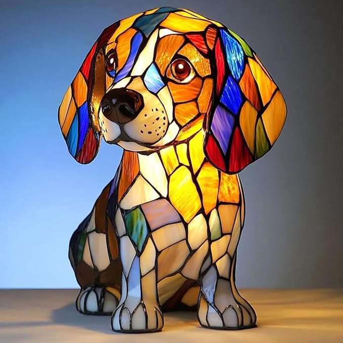 Rainbow Puppy Lamp Stained Glass Dog Night Light 3D Retro Stained Resin Rainbow Pup Lights Charge Powered Table Lamp Puppy Glow Lamps for Home Bedroom Desk (J)