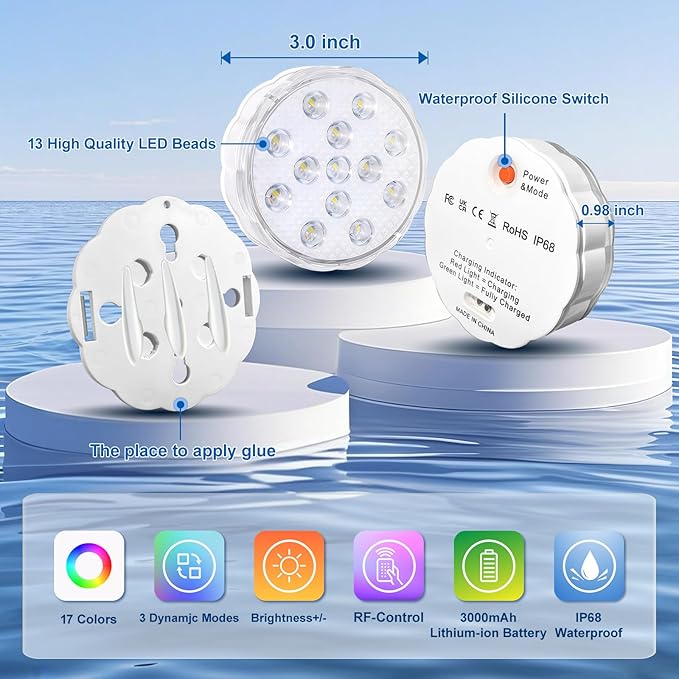 YiaMia Rechargeable Pool Lights with Remote, 2 Pack IP68 Waterproof Submersible LED Lights for Above Ground & Inground Pools, Bath, Shower, Party Decoration, Spas, Aquariums