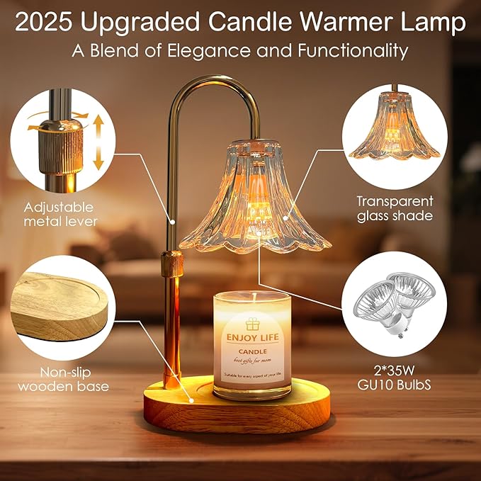 Candle Warmer Lamp with Timer: Valentine Gifts for Women Mom, Adjustable Height, 3 Timing Mode, 4 Level Dimmable Flower Candle Warmer with 2 Bulbs for House Warming Gifts Room Decor