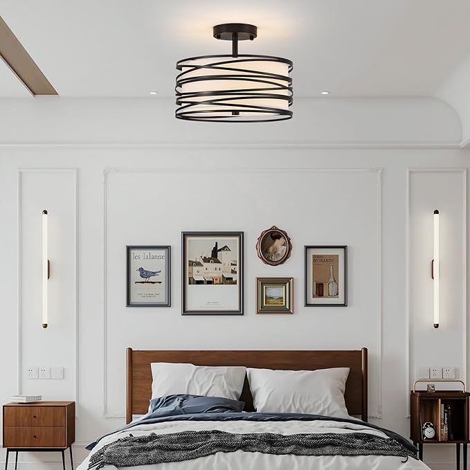 Drum Semi Flush Mount Ceiling Light Fixture Vintage Modern Farmhouse 2-Lights Linen Drum Ceiling Lighting Rustic Black Ceiling lamp for Dining Room, Bedroom, Kitchen, Laundry Room