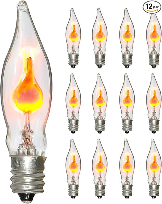 Halloween Flickering Light Bulbs 12 Pack, C18 Flickering Flame Light Bulbs E12 Candle Base for Halloween Candelabra Window Candle Lamp Halloween Replacement Bulbs