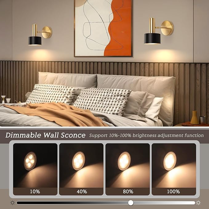 Battery Operated Wall Sconces Set of 2, Modern Wireless Black Wall Lights Fixtures,Cordless Wall lamp with Memory Function, with Remote Control Apply to Bedroom, Living Room, Corridor Stairs