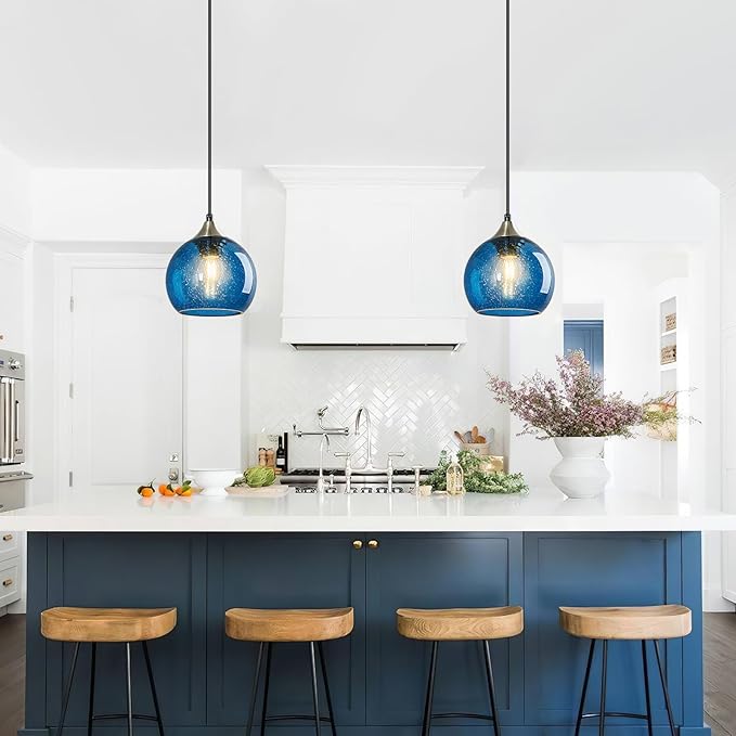 Blue Glass Pendant Lights Kitchen Island Lighting Globe Pendant Light Fixtures Modern Lighting for Kitchen Island Bedroom Living Dining Room (5.9in, 2-Pack)