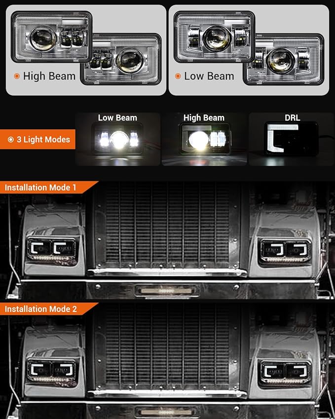 BICYACO DOT 120W 4x6 Inch LED Headlights DRL Rectangular Replacement H4651 H4652 H4656 H4666 H6545 Compatible with Peterbilt Kenworth Freightinger Ford Probe Oldsmobile Cutlass(4 PCS)
