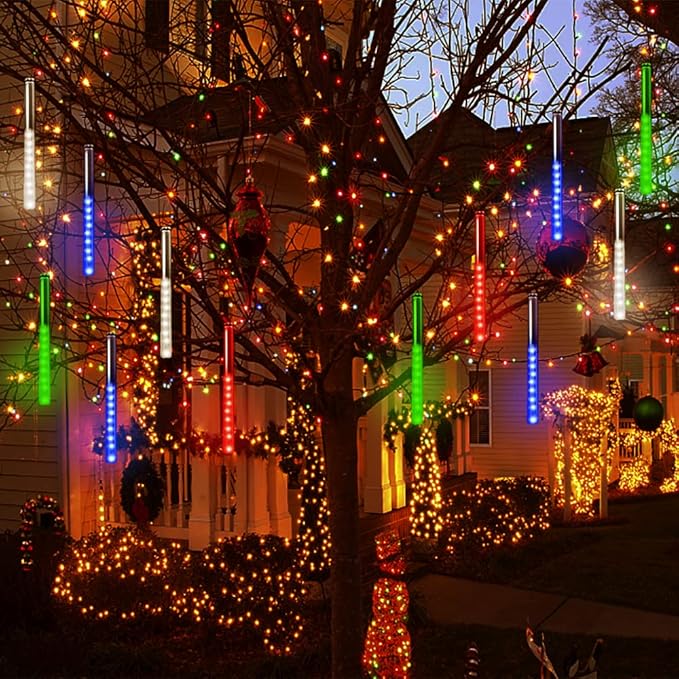 Outdoor Christmas Decorations, 12 inch Meteor Shower rain Lights, LED Christmas Lights for House Tree Holiday Party, Halloween Christmas Decorations for Yard, Multicolor