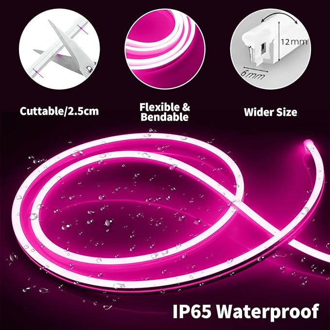 iNextStation 12V Pink LED Strip Lights 16.4FT, Flexible Silicone Neon Rope Light with Power Adapter, Waterproof, Cuttable, Dimmable & Linkable, LED Lights Strip for Bedroom, Kitchen(with Plug)