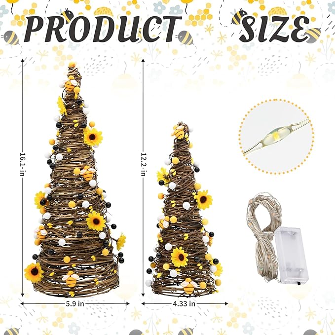 CRCZK Bee Rattan Table Trees with LEDs, Spring Summer Decorations for Home Rustic Farmhouse Bumble Bee Table Centerpiece Decor with Sunflowers Honey&Berries, Bees Kitchen Table Decor