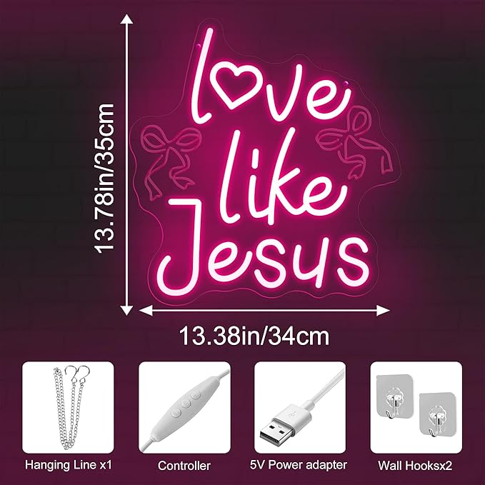 Love Like Jesus Neon Sign – 13.78″×13.38″ Jesus Valentine Neon Signs for Wall Decor – Bow LED Signs – Christian Faith Gifts – Christian Themed Neon Lights