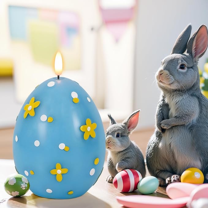 DRomance Easter Flameless Candles Battery Operated with 6 Hour Timer Battery Operated Real Wax Color Painted Easter Egg Shaped LED Flickering Candles Dinner Spring Holiday Decor(Blue, 2.4"D x 6.3"H)
