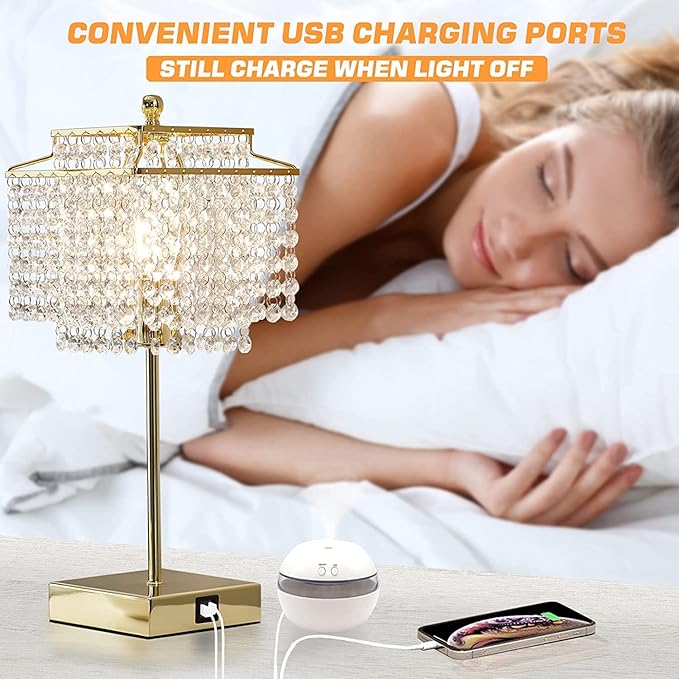 Luvkczc Crystal Touch Table Lamp, Bedside Lamps with with USB C+A Ports, Gold Bedroom Lamp, Dimmable Lamp with Crystal Shade, Nightstand Lamps for Bedroom, Living Room, Bulb Included