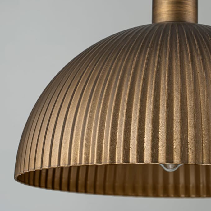 Lingkai Vintage Antique Brass Dome Pendant Light, 11.8'' Pendant Lights Kitchen Island, Hanging Ceiling Light Striped Metal Shade