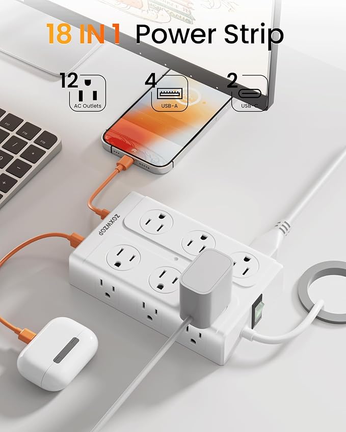 Surge Protector Power Strip – 10FT Extension Cord with 12-Outlet 4 USB-A & 2 USB-C Ports, 1850W/15A, Flat Plug, Wall Mountable – ETL Listed for Home, Dorm Room