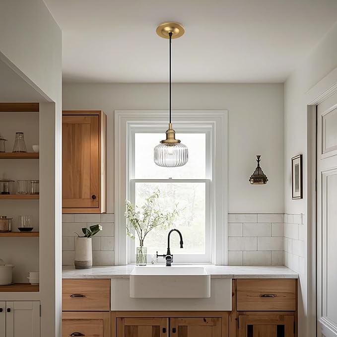 Yosoan Indoor Vintage Edison Hanging Pendant Light, 1-Light Hardwired Modern Vanity Light Industrial Semi Flush Mount Lamp Striped Ribbed Glass Shade for Kitchen Table Bar Island(Antique)