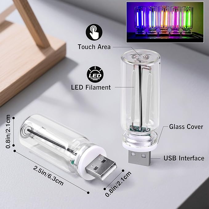 2PCS USB Car Light, Touch Control, Mini Glass Bottle USB Night Light DIY Romantic Mood Lamp Bedside Atmosphere Lights, Plug-in Retro Car Lamp Ambient Lighting Automotive Neon Lights for Vehicle, White